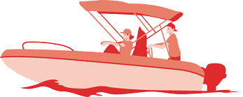 Two people on a motorboat with a canopy, cruising on the water.