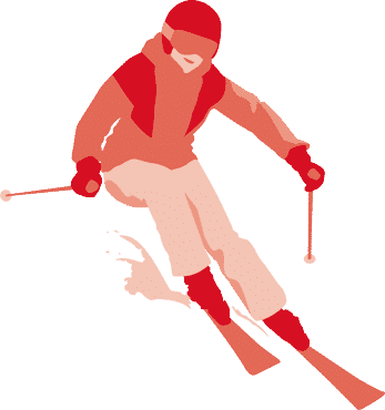 Illustration of a skier in action, dressed in red gear, carving through snow with ski poles, highlighting winter sports.