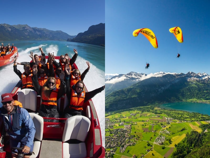 Quanto costa un volo tandem in parapendio in Svizzera? 3 Avventura: le persone si divertono a fare un giro in jet boat sul lago e a fare parapendio su uno spettacolare paesaggio montano.