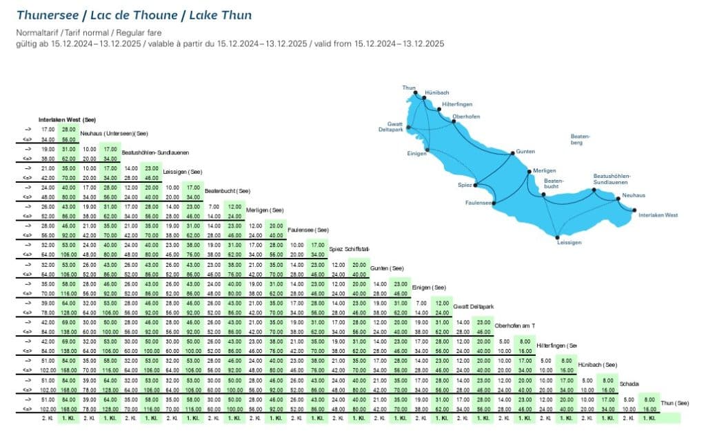 Tarifs et carte des itinéraires pour le lac de Thoune, valables du 15.12.2024 au 13.12.2025.