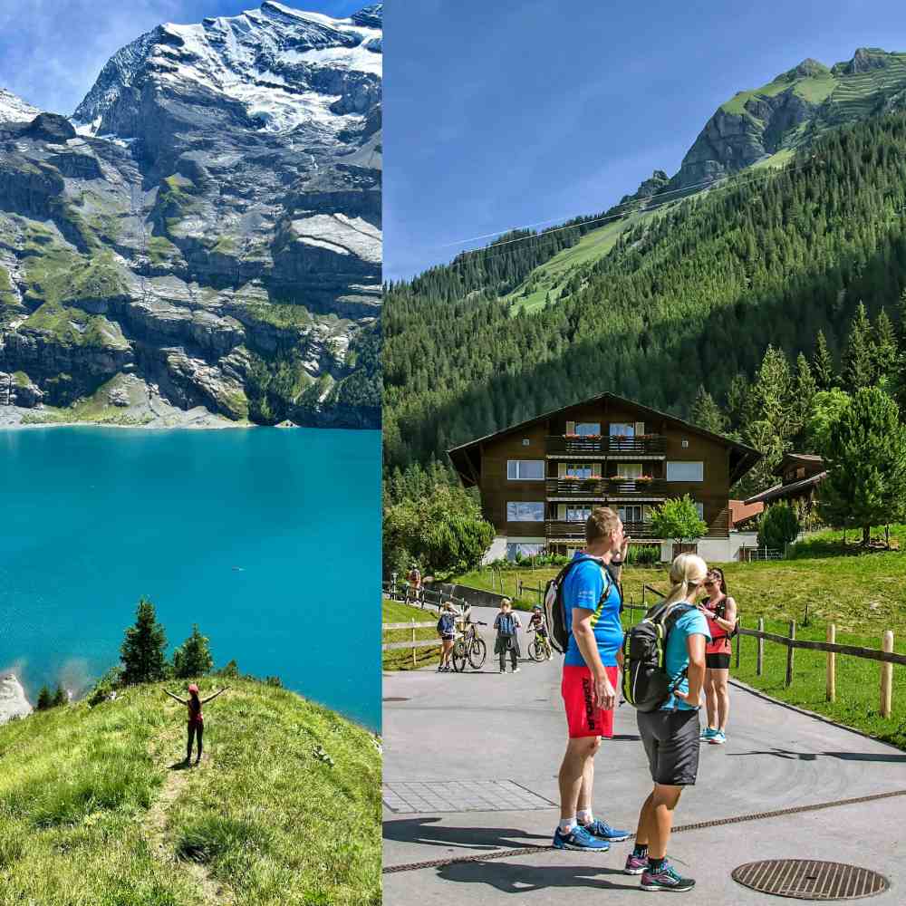 Randonnée en montagne près d'un lac alpin, avec des randonneurs et un chalet en arrière-plan.
