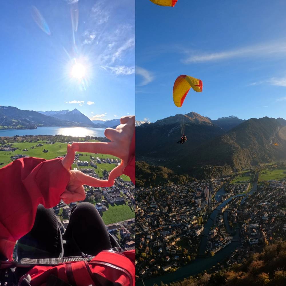 Parapente en montagne au-dessus d'un paysage urbain et lac baigné de soleil avec ciel bleu. Aventure et adrénaline.