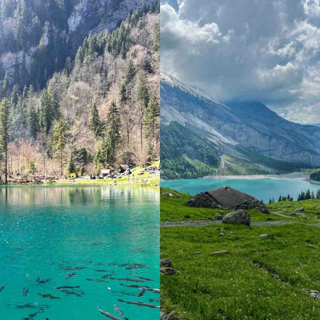 Lac alpin turquoise entouré de montagnes et de forêts verdoyantes, ciel nuageux. Paysage idyllique et naturel.