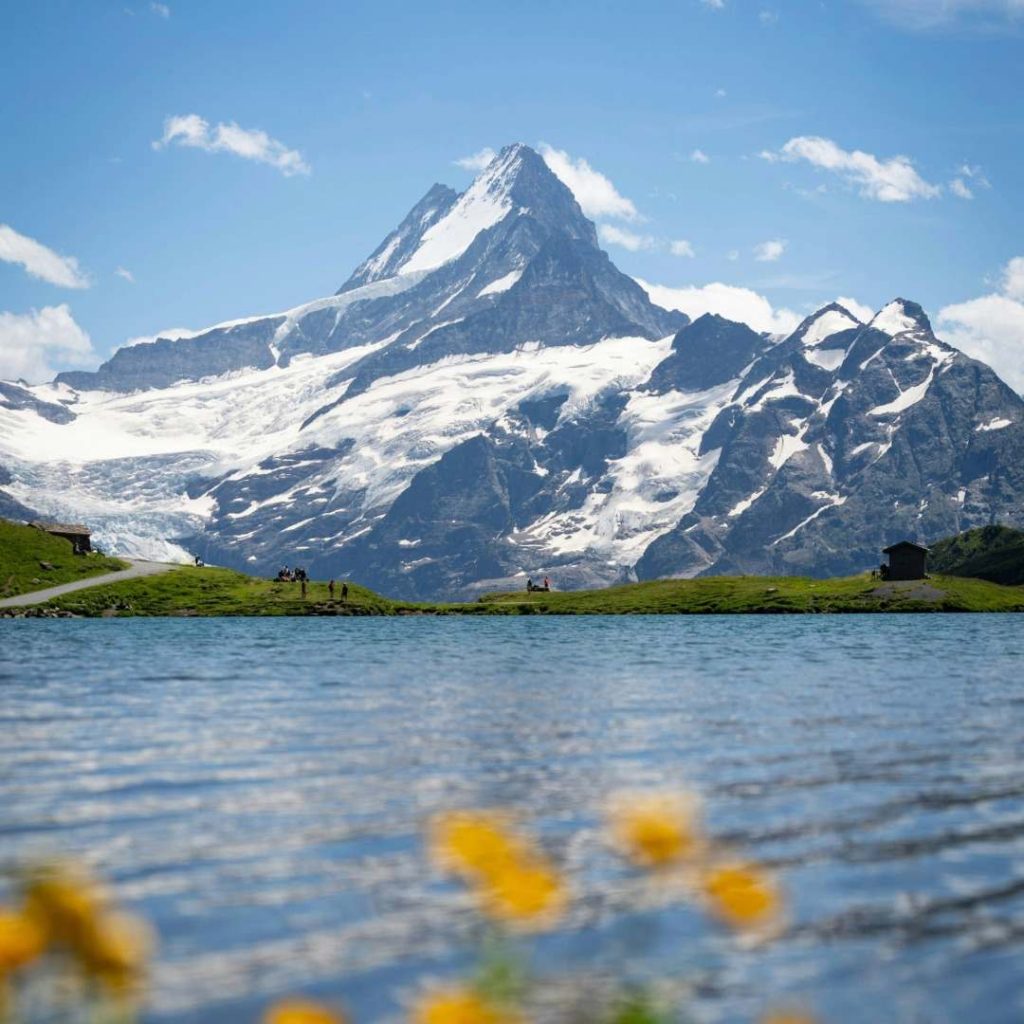 Vue sur un sommet alpin enneigé avec un lac au premier plan, sous un ciel bleu clair.