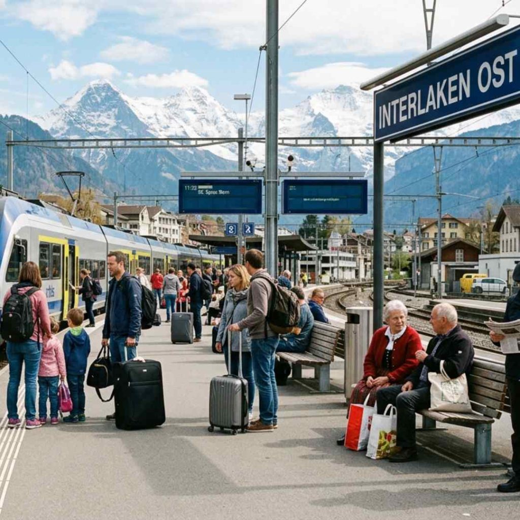 Voyageurs à la gare d'Interlaken Ost avec vue sur les Alpes enneigées.