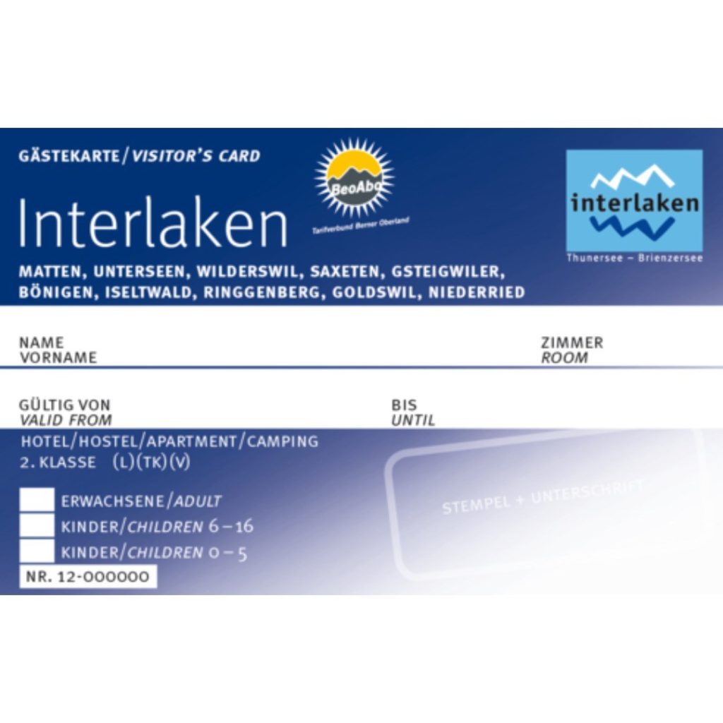 Carte de visiteur pour Interlaken avec nom, date de validité, type d'hébergement et catégories d'âge.